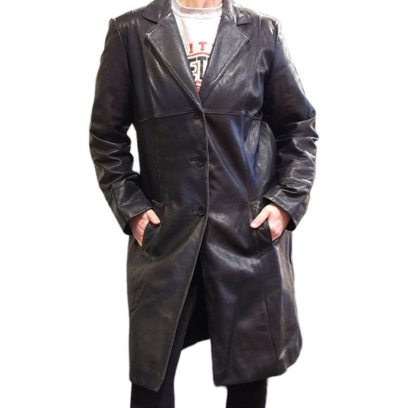 Black Large Patchwork Leather Trench Coat Knee Length Butter Soft VTG‎ 90s